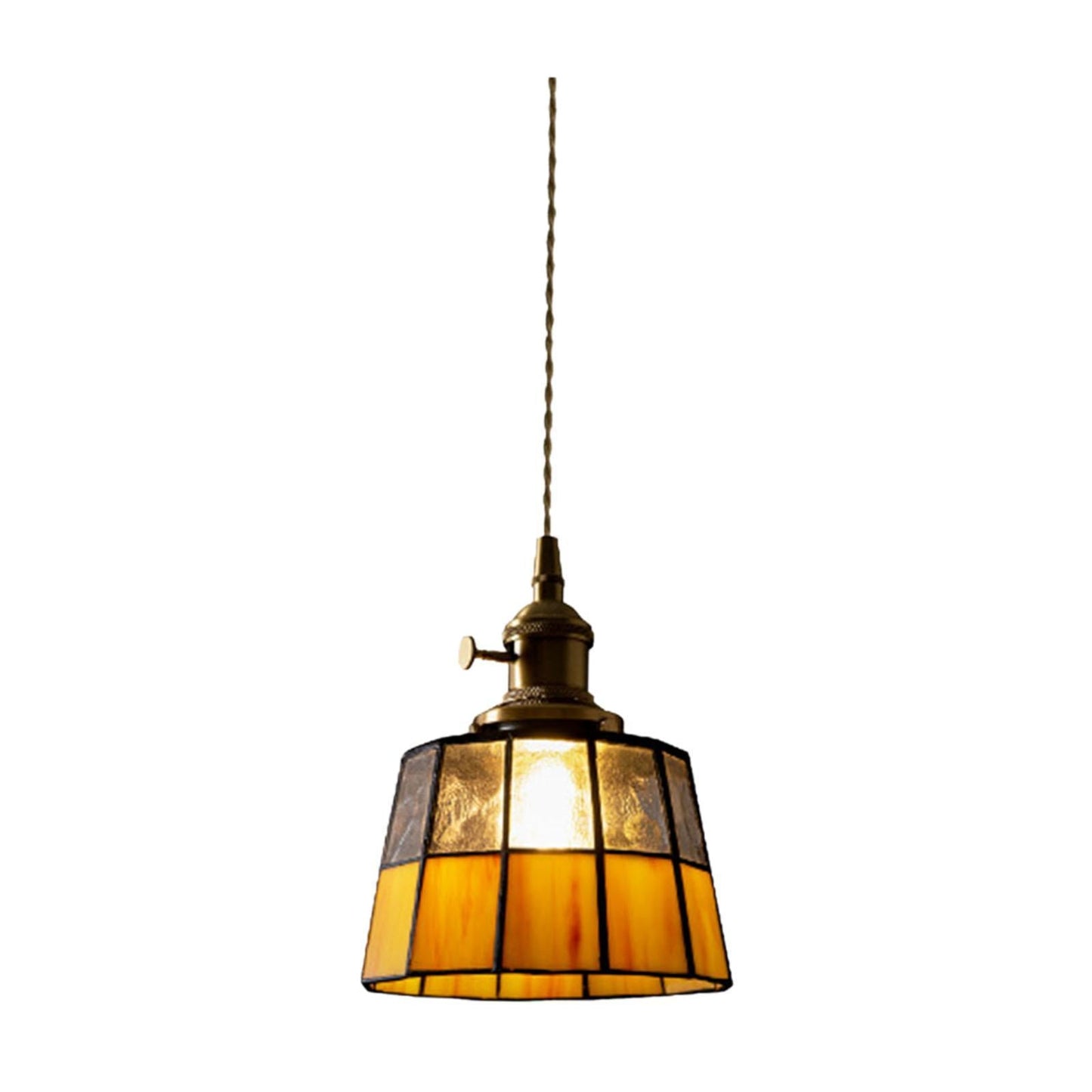 Traditional Vintage Brass Checkered Patchwork Glass Round 1-Light Pendant Light For Bedroom