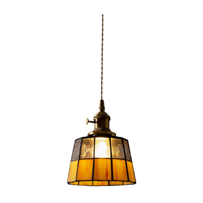 Traditional Vintage Brass Checkered Patchwork Glass Round 1-Light Pendant Light For Bedroom