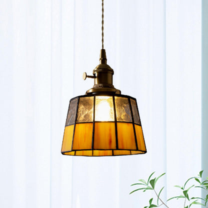 Traditional Vintage Brass Checkered Patchwork Glass Round 1-Light Pendant Light For Bedroom
