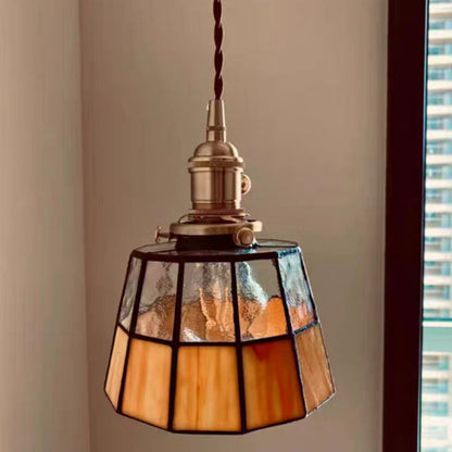 Traditional Vintage Brass Checkered Patchwork Glass Round 1-Light Pendant Light For Bedroom