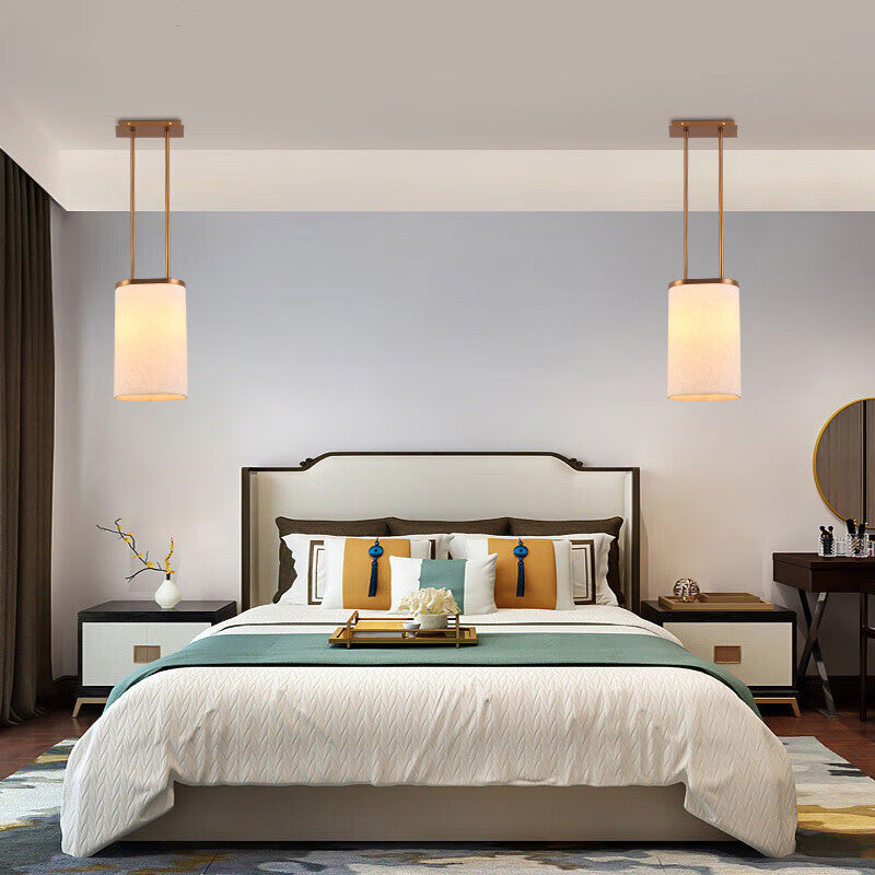 Traditional Chinese Stainless Steel Fabric Round Shade 1-Light Pendant Light For Bedroom
