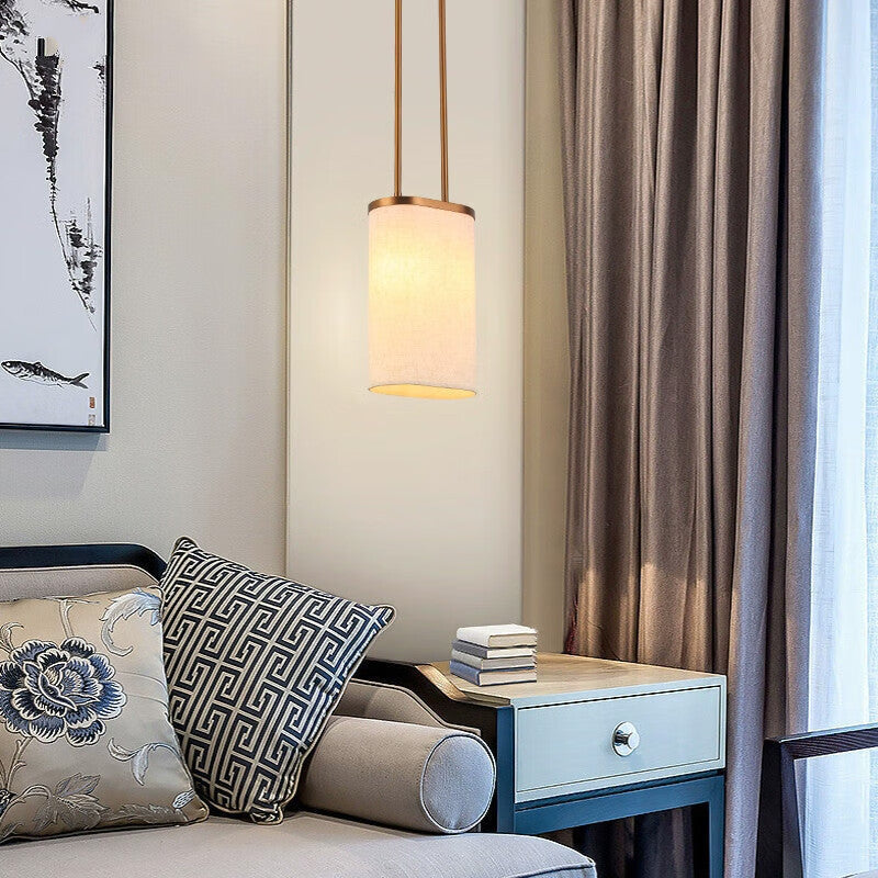 Traditional Chinese Stainless Steel Fabric Round Shade 1-Light Pendant Light For Bedroom