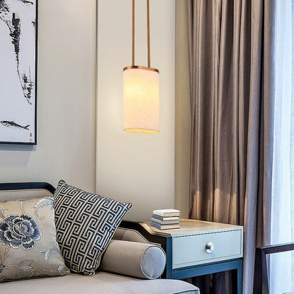 Traditional Chinese Stainless Steel Fabric Round Shade 1-Light Pendant Light For Bedroom