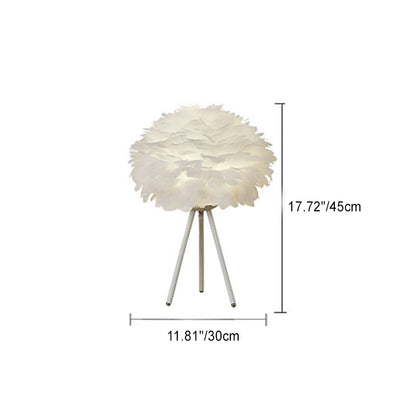 Traditional French Feather Spherical Shade Hardware Tripod 1-Light Table Lamp For Bedroom