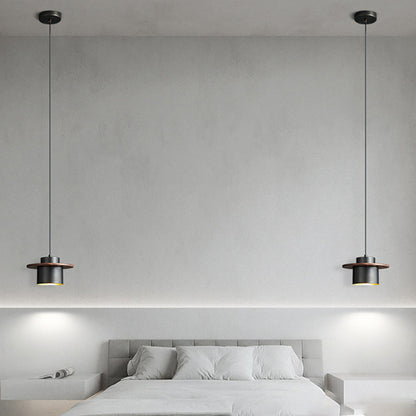 Contemporary Nordic Full Copper Cylinder Walnut Wood LED Pendant Light For Bedroom