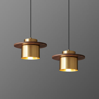 Contemporary Nordic Full Copper Cylinder Walnut Wood LED Pendant Light For Bedroom