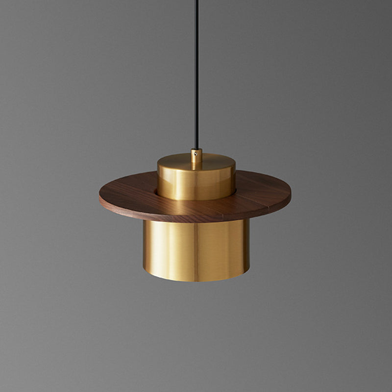 Contemporary Nordic Full Copper Cylinder Walnut Wood LED Pendant Light For Bedroom