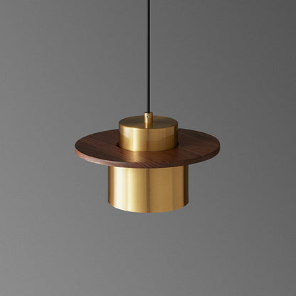 Contemporary Nordic Full Copper Cylinder Walnut Wood LED Pendant Light For Bedroom