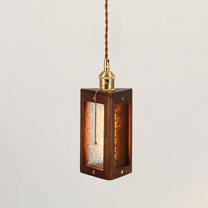 Traditional Japanese Flower Pattern Glass Triangular Prism Shade Walnut 1-Light Pendant Light For Bedroom