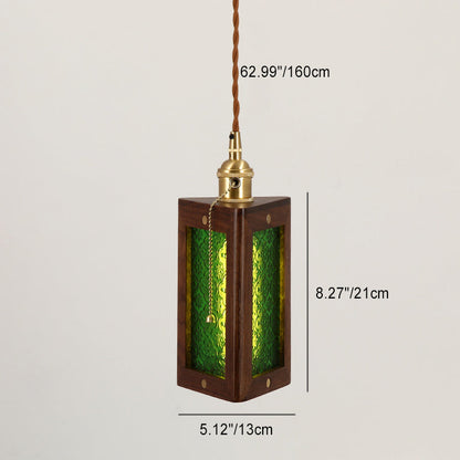 Traditional Japanese Flower Pattern Glass Triangular Prism Shade Walnut 1-Light Pendant Light For Bedroom