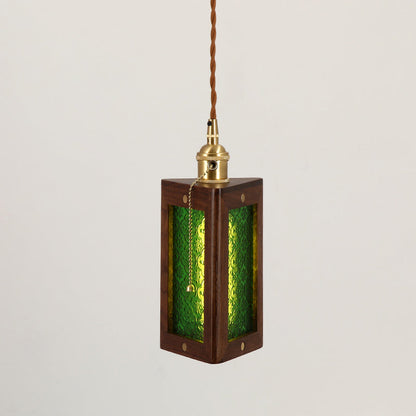 Traditional Japanese Flower Pattern Glass Triangular Prism Shade Walnut 1-Light Pendant Light For Bedroom