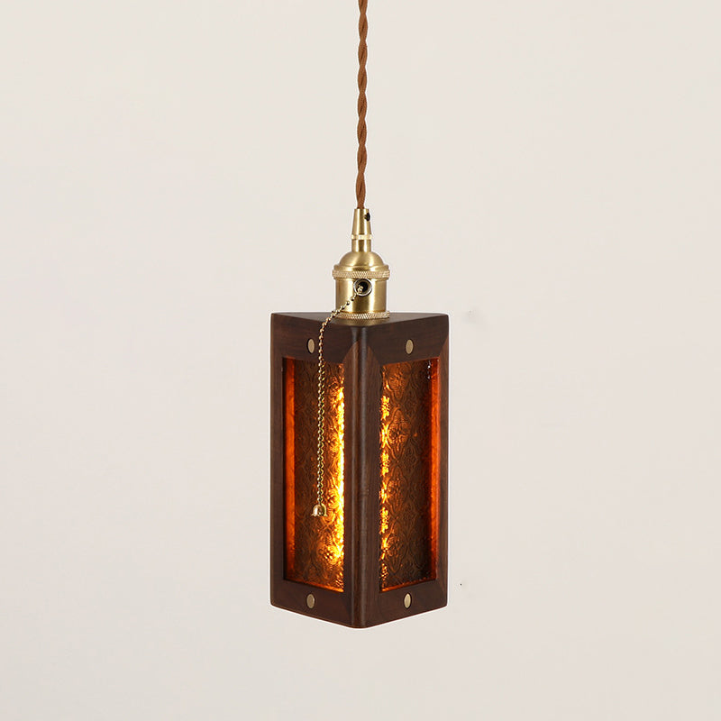Traditional Japanese Flower Pattern Glass Triangular Prism Shade Walnut 1-Light Pendant Light For Bedroom