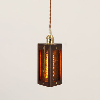 Traditional Japanese Flower Pattern Glass Triangular Prism Shade Walnut 1-Light Pendant Light For Bedroom