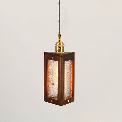 Traditional Japanese Flower Pattern Glass Triangular Prism Shade Walnut 1-Light Pendant Light For Bedroom