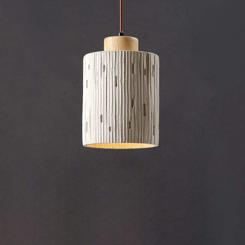 Traditional Japanese Vertical Grained Concrete Cylinder 1-Light Pendant Light For Bedroom