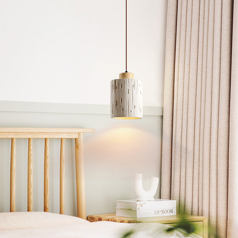 Traditional Japanese Vertical Grained Concrete Cylinder 1-Light Pendant Light For Bedroom