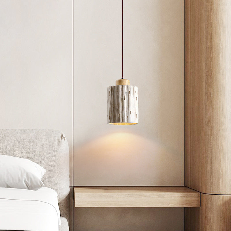 Traditional Japanese Vertical Grained Concrete Cylinder 1-Light Pendant Light For Bedroom