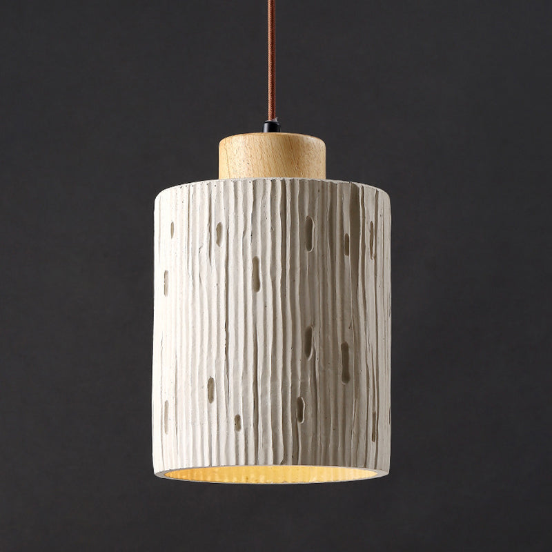 Traditional Japanese Vertical Grained Concrete Cylinder 1-Light Pendant Light For Bedroom