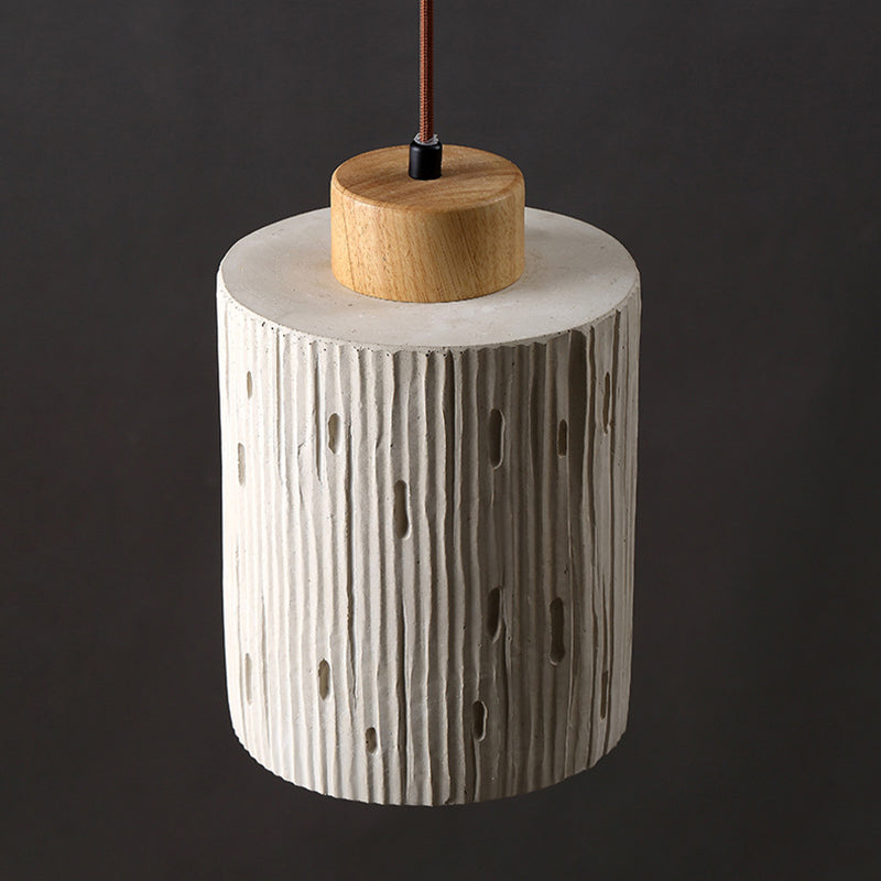 Traditional Japanese Vertical Grained Concrete Cylinder 1-Light Pendant Light For Bedroom