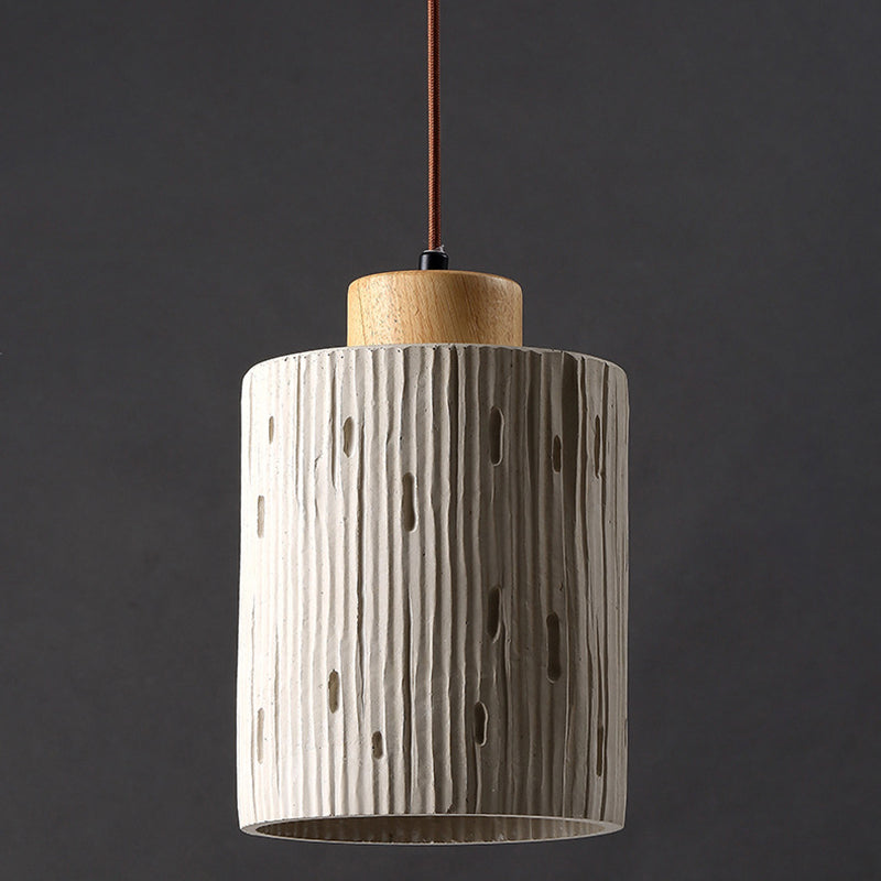 Traditional Japanese Vertical Grained Concrete Cylinder 1-Light Pendant Light For Bedroom