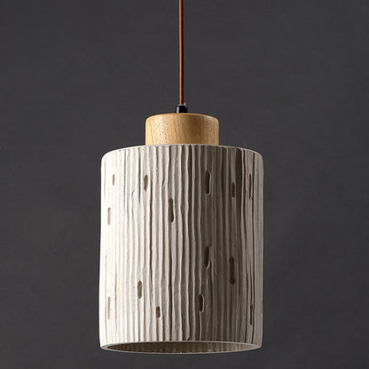 Traditional Japanese Vertical Grained Concrete Cylinder 1-Light Pendant Light For Bedroom