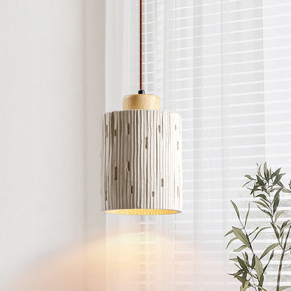 Traditional Japanese Vertical Grained Concrete Cylinder 1-Light Pendant Light For Bedroom