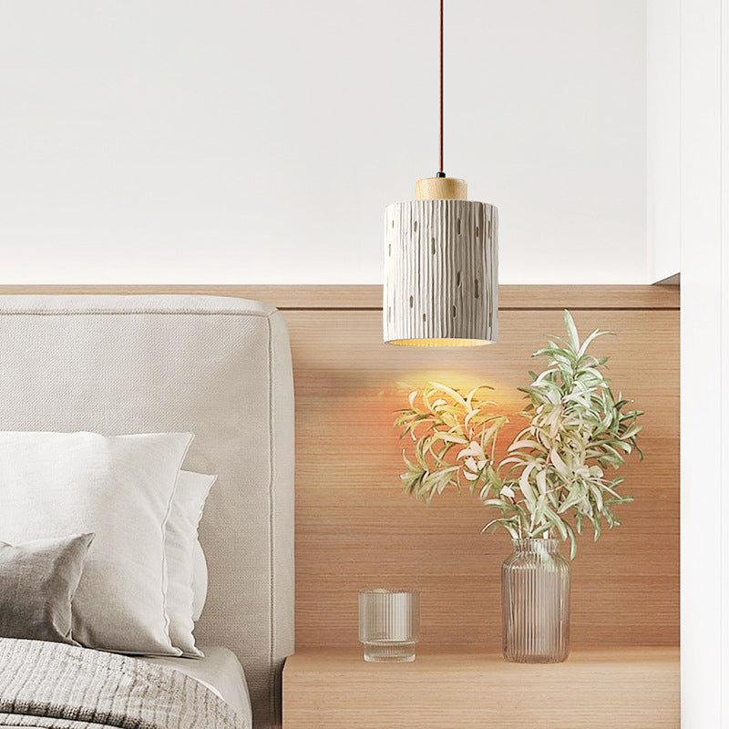 Traditional Japanese Vertical Grained Concrete Cylinder 1-Light Pendant Light For Bedroom