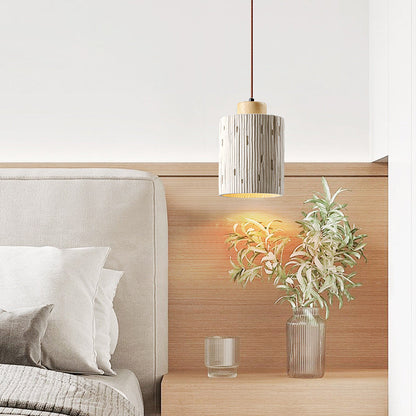 Traditional Japanese Vertical Grained Concrete Cylinder 1-Light Pendant Light For Bedroom