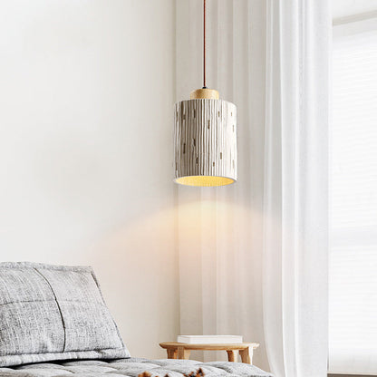 Traditional Japanese Vertical Grained Concrete Cylinder 1-Light Pendant Light For Bedroom