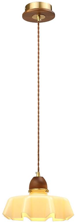 Traditional French Pastoral Flower Glass Shade Walnut Wood 1-Light Pendant Light For Living Room