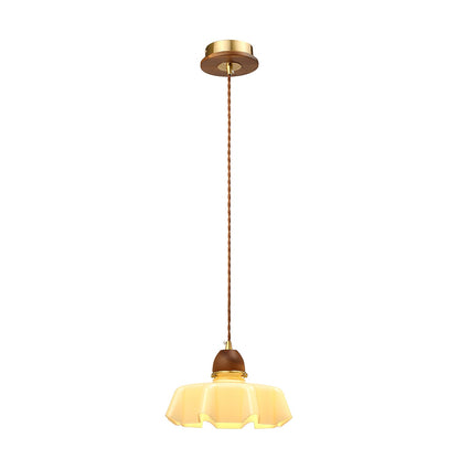 Traditional French Pastoral Flower Glass Shade Walnut Wood 1-Light Pendant Light For Living Room