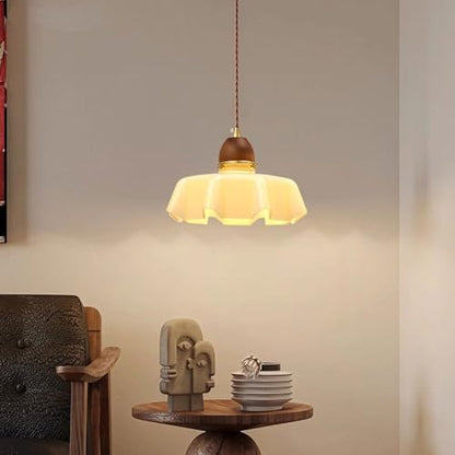 Traditional French Pastoral Flower Glass Shade Walnut Wood 1-Light Pendant Light For Living Room
