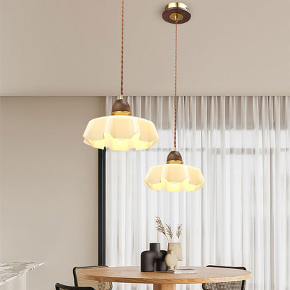 Traditional French Pastoral Flower Glass Shade Walnut Wood 1-Light Pendant Light For Living Room