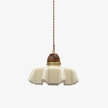 Traditional French Pastoral Flower Glass Shade Walnut Wood 1-Light Pendant Light For Living Room