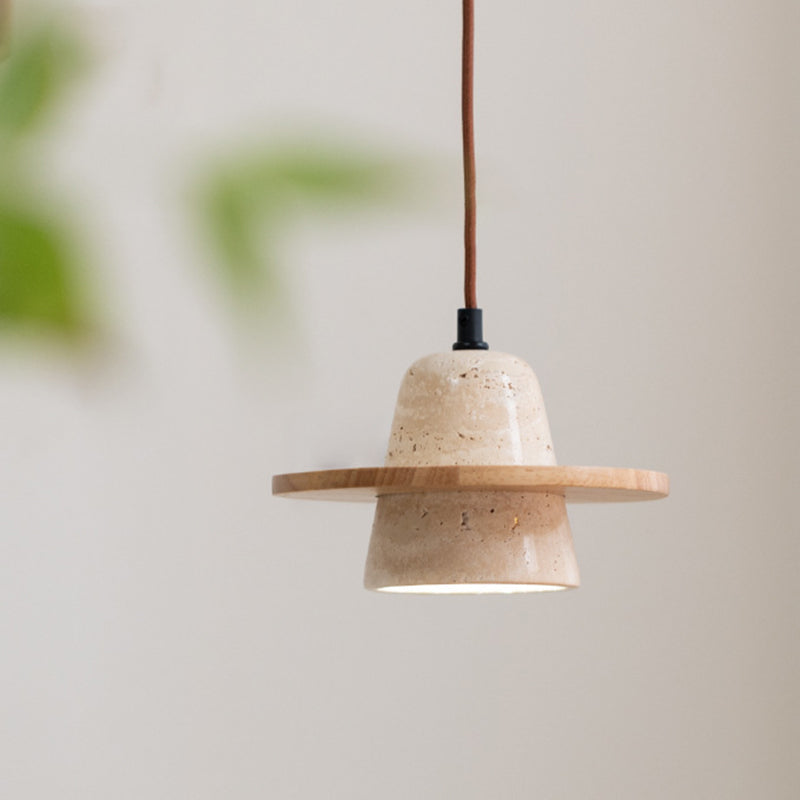 Traditional Vintage Solid Wood Yellow Travertine Flying Saucer 1-Light Pendant Light For Living Room