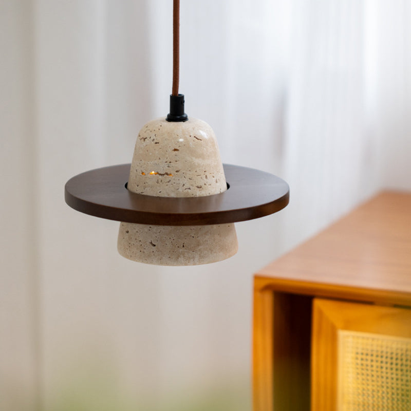 Traditional Vintage Solid Wood Yellow Travertine Flying Saucer 1-Light Pendant Light For Living Room