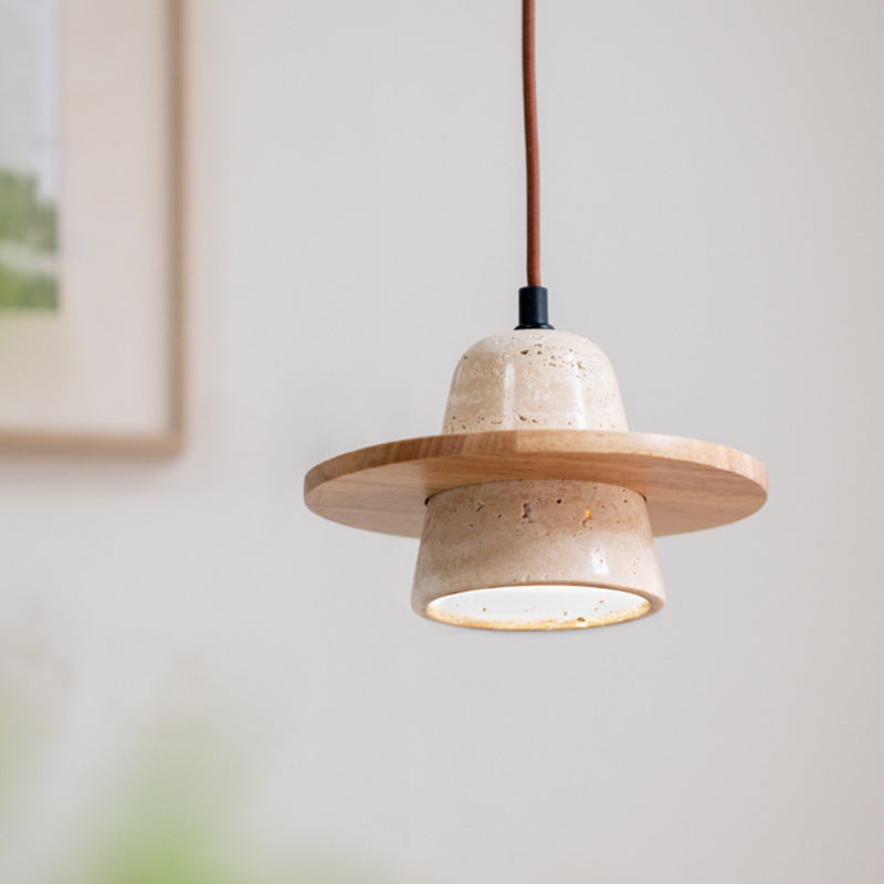 Traditional Vintage Solid Wood Yellow Travertine Flying Saucer 1-Light Pendant Light For Living Room