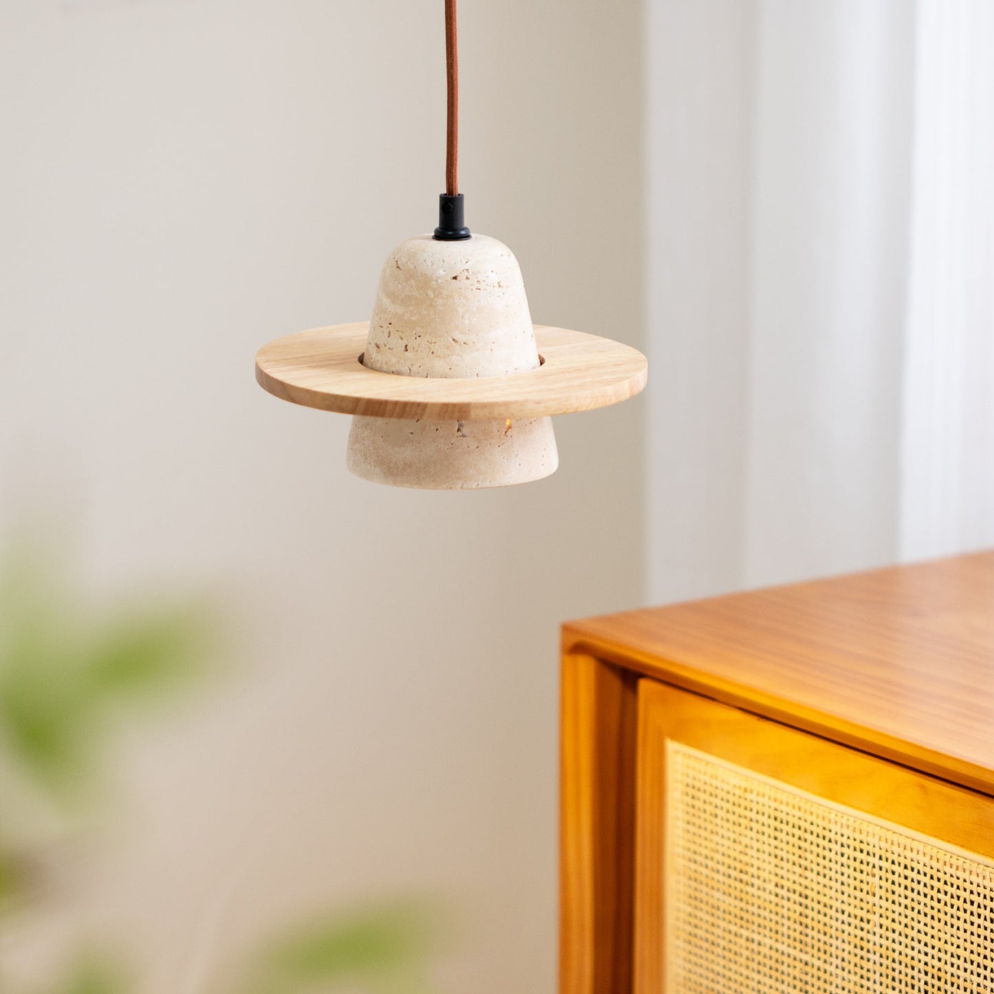 Traditional Vintage Solid Wood Yellow Travertine Flying Saucer 1-Light Pendant Light For Living Room