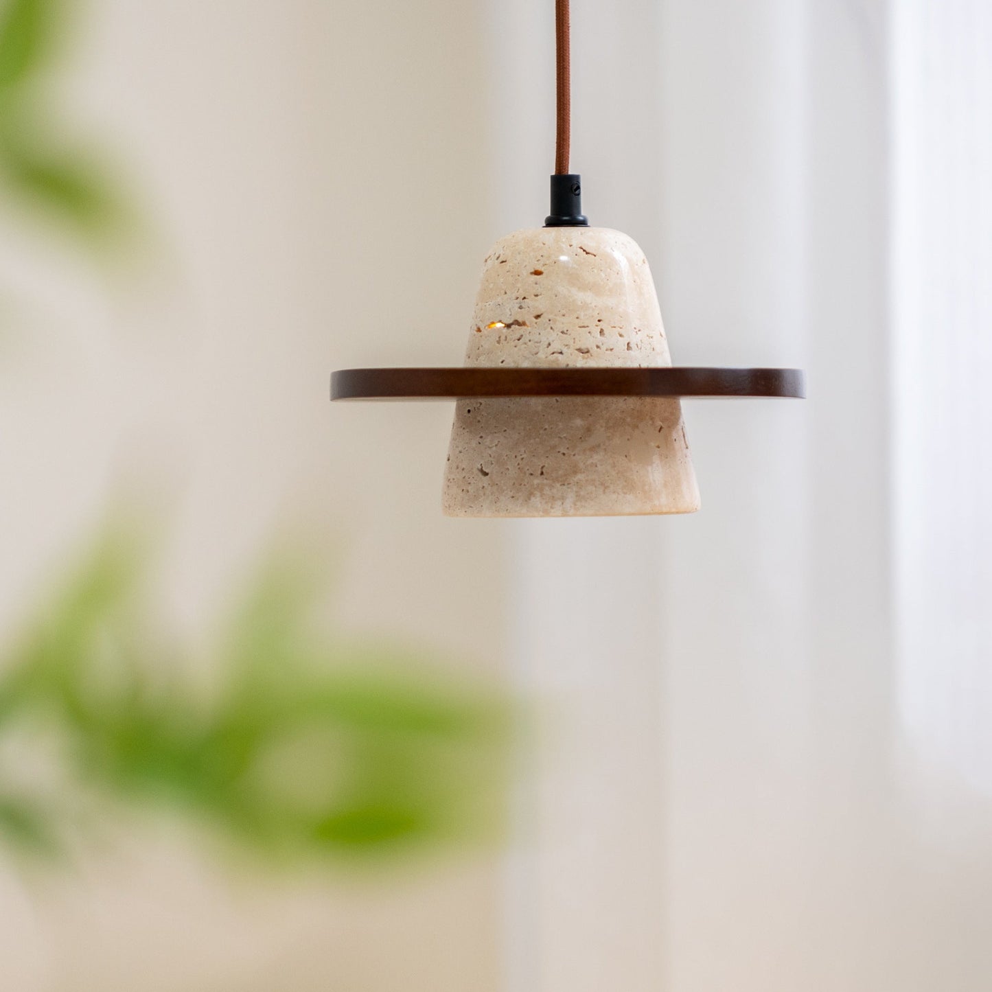 Traditional Vintage Solid Wood Yellow Travertine Flying Saucer 1-Light Pendant Light For Living Room