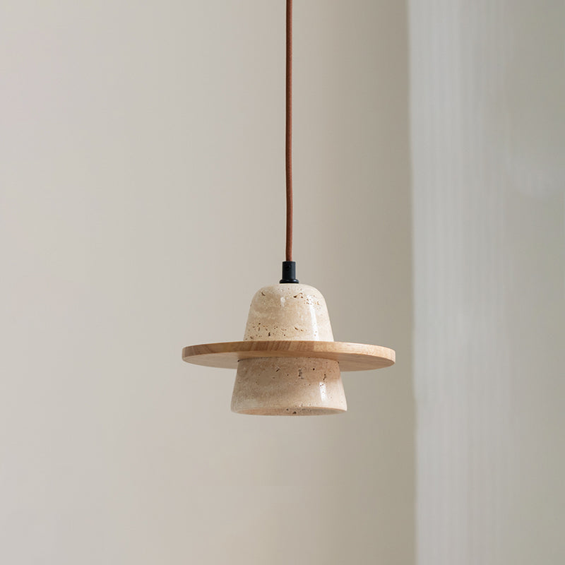 Traditional Vintage Solid Wood Yellow Travertine Flying Saucer 1-Light Pendant Light For Living Room
