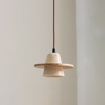 Traditional Vintage Solid Wood Yellow Travertine Flying Saucer 1-Light Pendant Light For Living Room