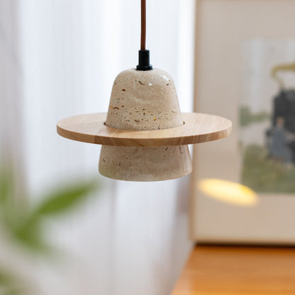 Traditional Vintage Solid Wood Yellow Travertine Flying Saucer 1-Light Pendant Light For Living Room
