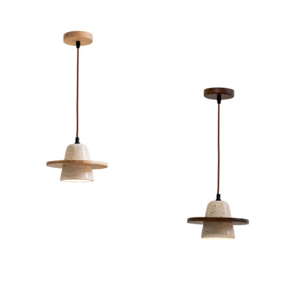 Traditional Vintage Solid Wood Yellow Travertine Flying Saucer 1-Light Pendant Light For Living Room