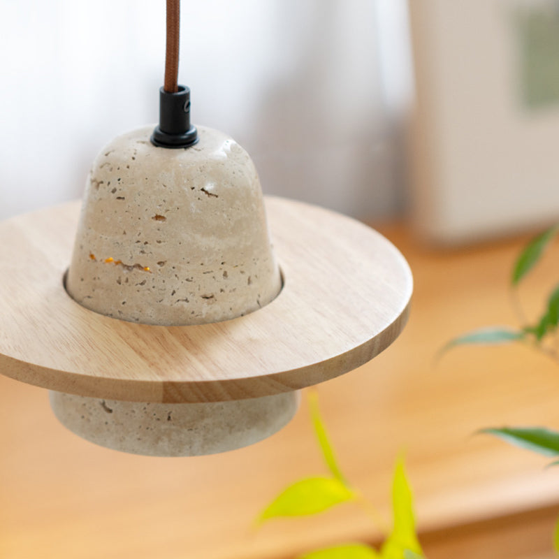 Traditional Vintage Solid Wood Yellow Travertine Flying Saucer 1-Light Pendant Light For Living Room