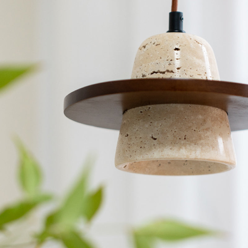 Traditional Vintage Solid Wood Yellow Travertine Flying Saucer 1-Light Pendant Light For Living Room