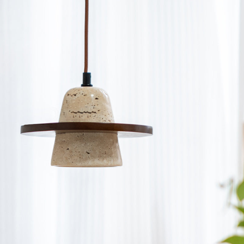 Traditional Vintage Solid Wood Yellow Travertine Flying Saucer 1-Light Pendant Light For Living Room