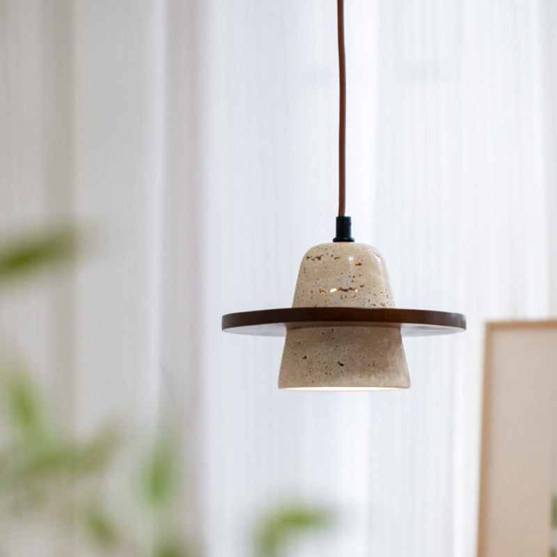 Traditional Vintage Solid Wood Yellow Travertine Flying Saucer 1-Light Pendant Light For Living Room