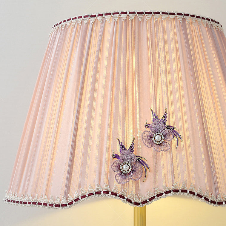 Traditional Chinese Enamel Glass Vase Base Pleated Fabric Shade 1-Light Table Lamp For Bedroom