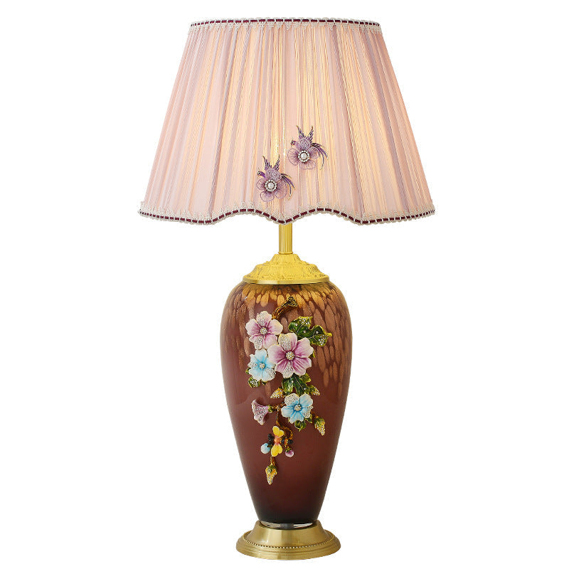 Traditional Chinese Enamel Glass Vase Base Pleated Fabric Shade 1-Light Table Lamp For Bedroom