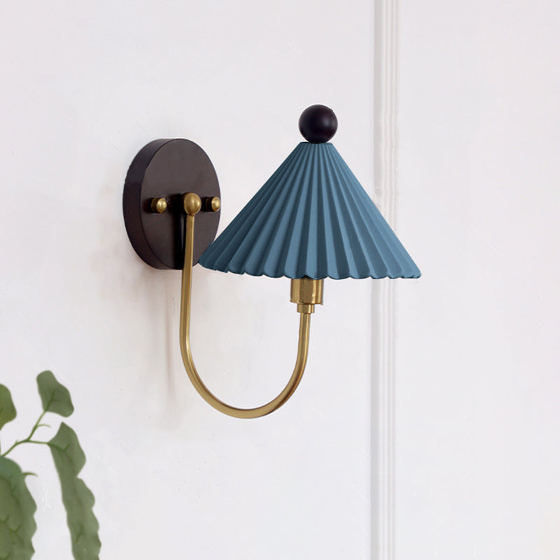 Contemporary Scandinavian Pleated Ceramic Conical Shade Solid Wood 1-Light Wall Sconce Lamp For Living Room